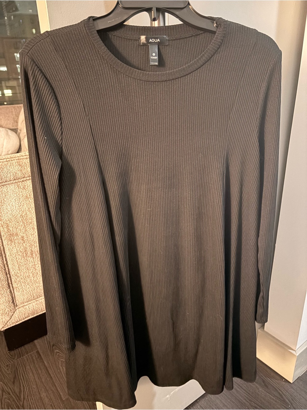 AQUA Black Ribbed Long Sleeve Women's Dress